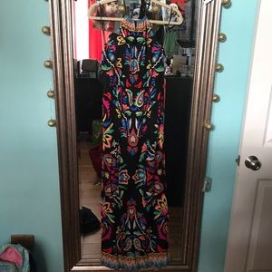 Bright Tribal Print Open Back Neck Tie Maxi Dress